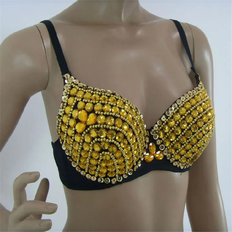 

High Quality Sexy Bras Women Push Up Luxury Rhinestone Sequined Bra Lady Silver/Gold Punk Studded Sponge Dance Bras For Party