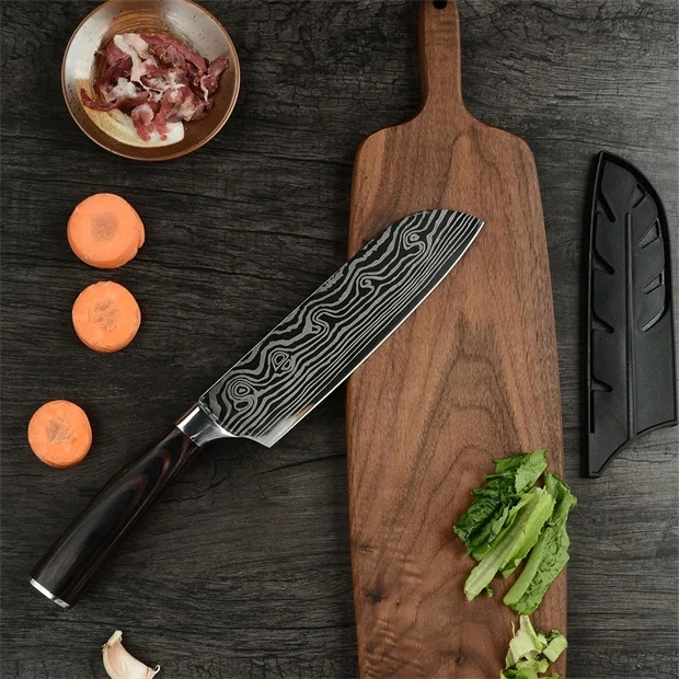 C.7 inch Santoku Супер качество " дюймовые универсальные поварские Ножи Имитация дамасской стали вены Santoku кухонные ножи резьба Кливер нарезка Подарочный нож - Цвет: C.7 inch Santoku
