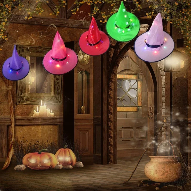 

Halloween Decorations Witch Hat Outdoor 6Pcs Hanging Lighted Glowing Witch Hat Decor Halloween Lights String Battery