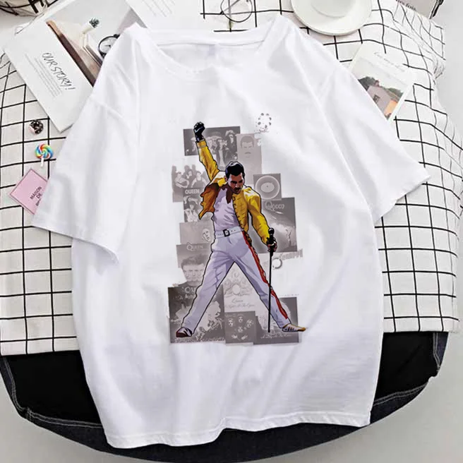 

Oversized Women T Shirt Fashion Queen Tshirt Graphic Top Tees Female Freddie Cury Queen Band White T-shirt Tees Ladies Clothing
