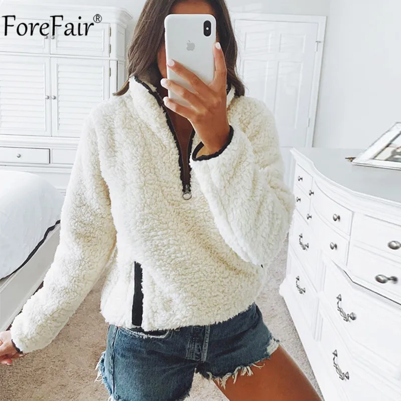 Forefair/флисовая меховая толстовка на молнии с высоким воротником; осенне-зимний женский пуловер с длинными рукавами и карманами; Теплый белый плюшевый свитер