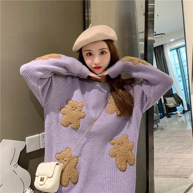 

Women 2021 Fashion Oversized Teddy Bear Embroidery Knitted Sweater Vintage O Neck Lantern Sleeve Female Pullovers Chic Tops