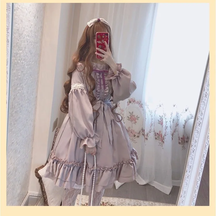long sleve Kawaii/японское платье в стиле Лолиты; платье для женщин; мягкое платье для девочек; милое платье феи с кружевными рукавами-фонариками - Цвет: long sleve