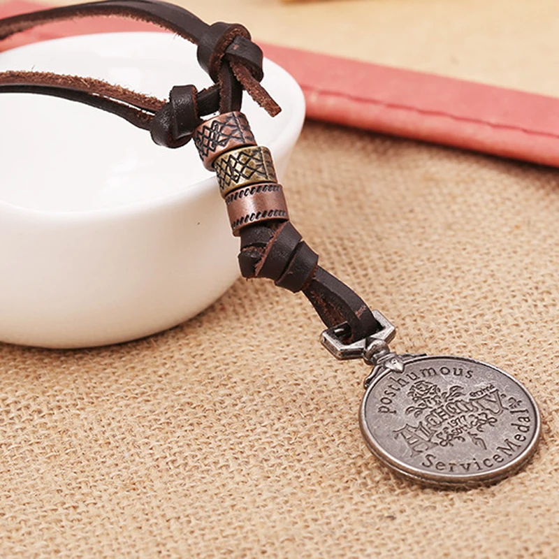 Skull Necklaces Jewelry Men Fashion Round Leather Pendant Retro Gold Coin Vintage Gladiator Style Necklace Unisex New | Украшения и
