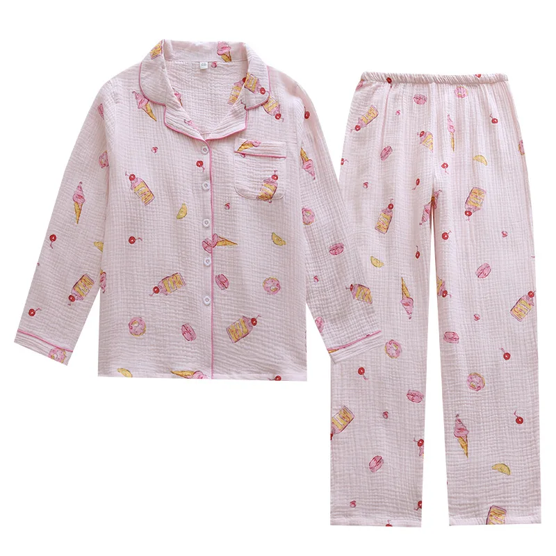

Japanese new summer women's cotton crepe long-sleeved trousers pajamas set cute two-piece spring and autumn home service ladies