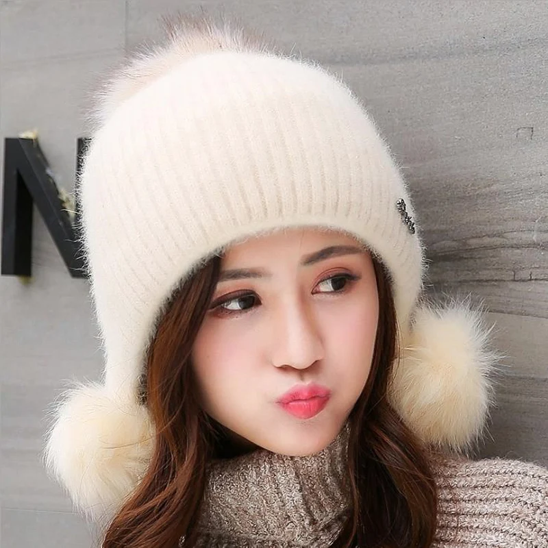 

Elegant Girl Thicken Ski Snow Cap New Fashion Fur PomPoms Winter Wool Women Beanie Hats Lady Skullies Warm Knitted Hat
