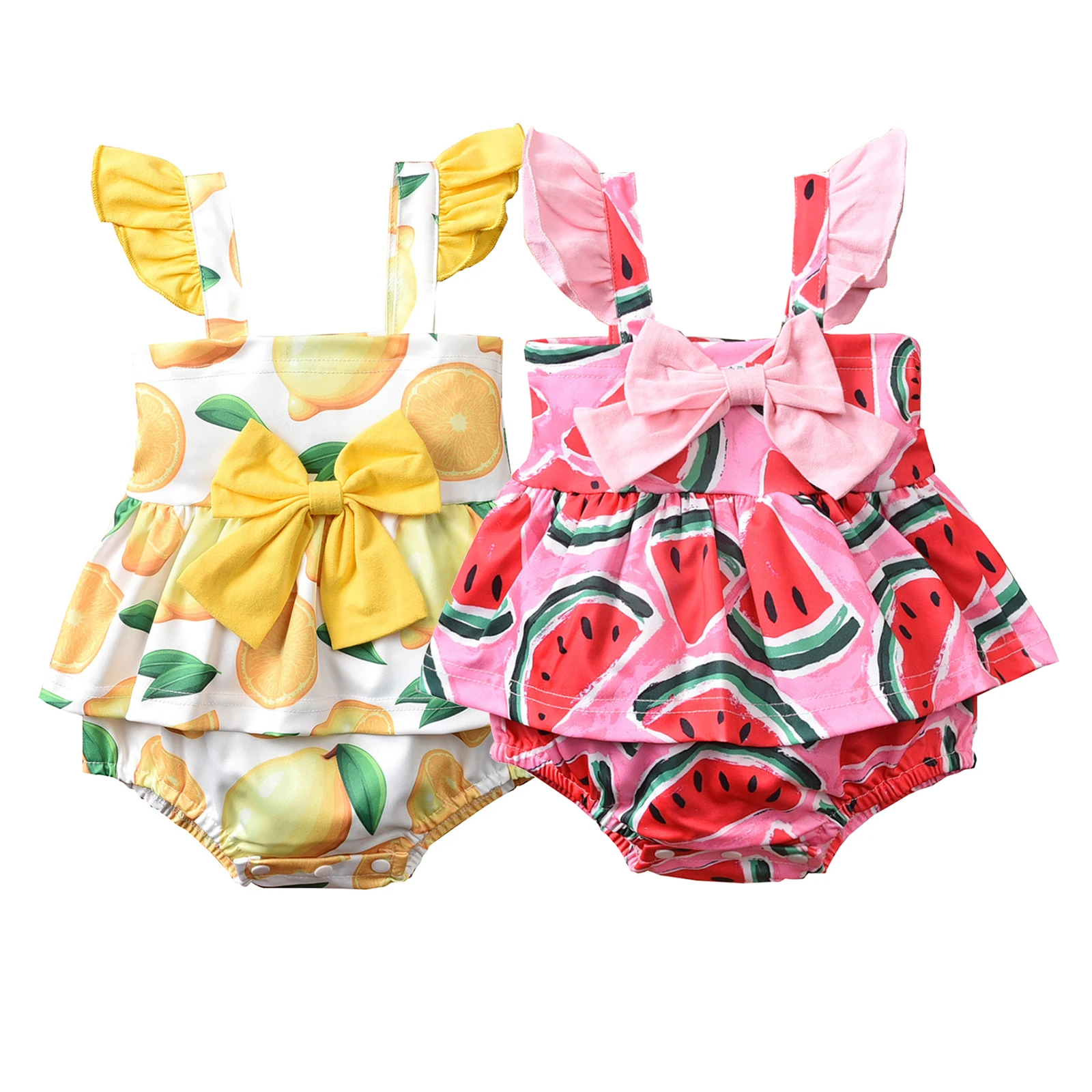 

Toddler Romper Watermelon/Lemon Print Ruffled Sleeveless Jumpsuit with Bowknot for Baby Girls Summer 0-12 M 2021