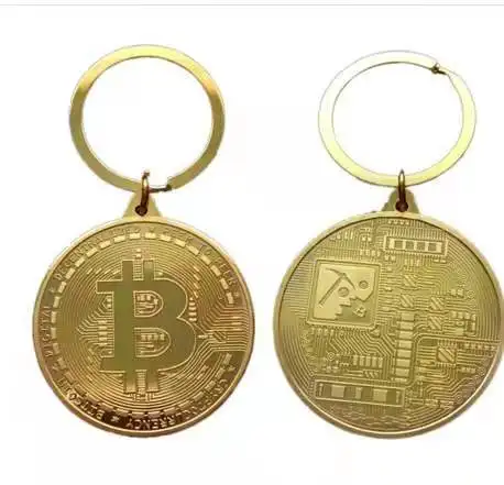 

Wholesale Gold Plated Bitcoin Coin Key Chain Collectible Coin Art Collection Gift Physical Metal Antique Imitation Home Decor