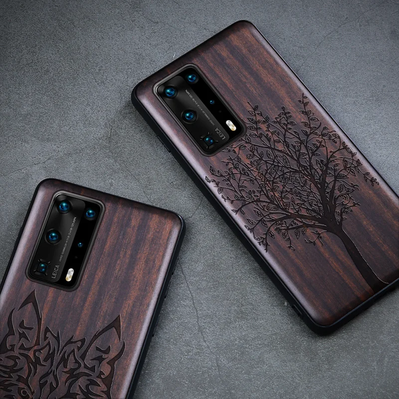 Черный Деревянный чехол для Huawei P40 Pro противоударный из натурального дерева