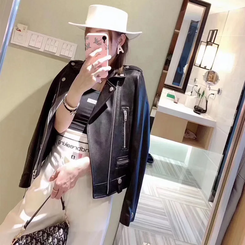 JAZZEVAR 2022 Classic High Fashion Street Women Real Sheep Skin Leather Jacket Black Genuine Leather short Motorcycle Jackets