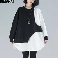 dimanaf women t shirts lady tops tees shirts basic loose long sleeve tunic solid spliced black spring female clothes oversize
