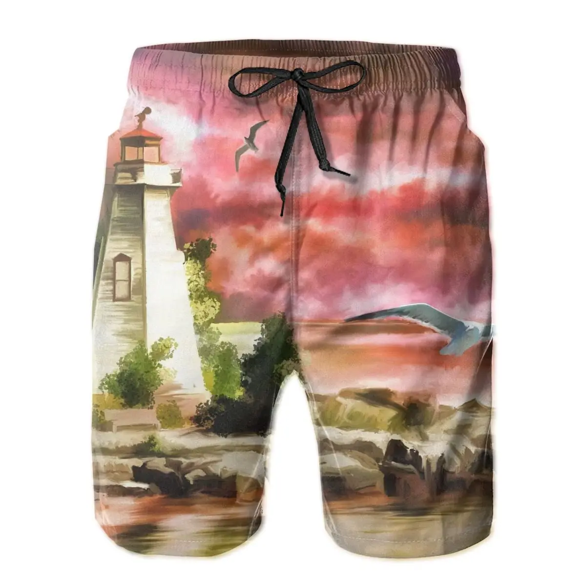 

Men's Beach Short Swim Shorts Lighthouse Ocean Sunset Seagulls Coast Beacon Surfing Maillot De Bain Sport Board Shorts Swimwear