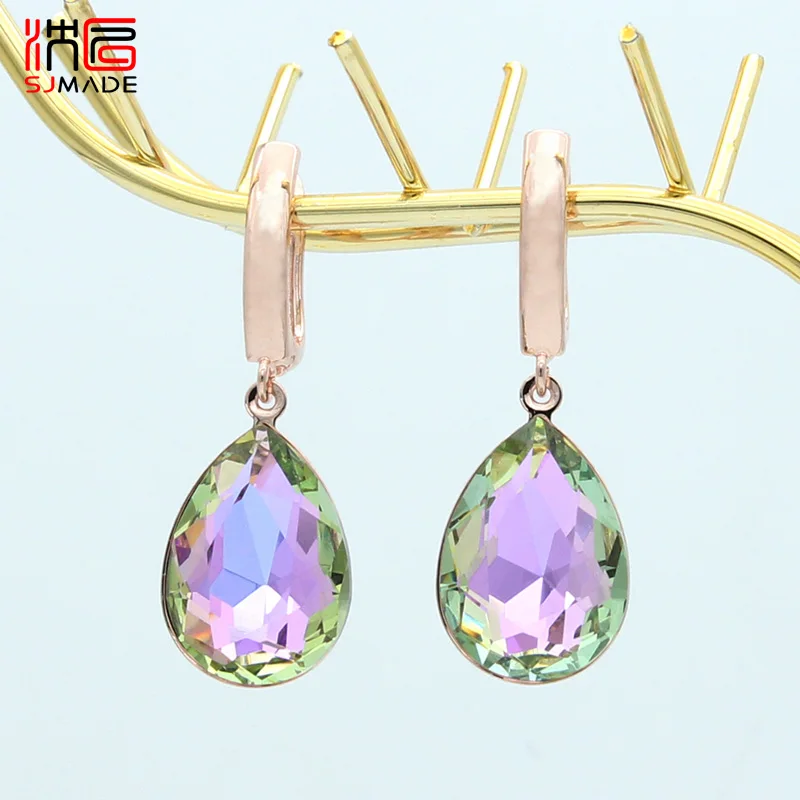 

SHENJIANG New Fashion Colorful Big Water Drop Crystal Dangle Earrings For Luxury Elegant Women Jewelry Rose Gold Eardrop