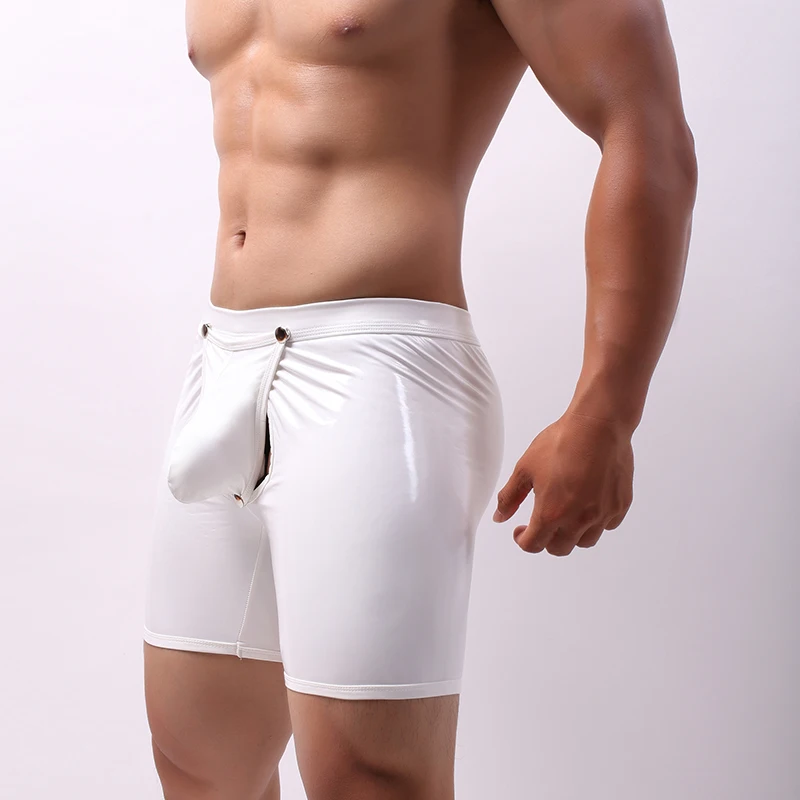 Men Shorts Sexy Underwear Erotic Male Faux Leather Open Penis Pouch Underpants Wet Look Panties