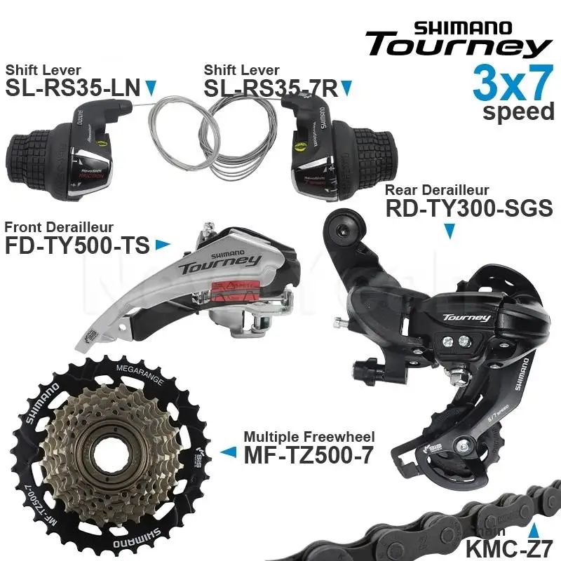 

SHIMANO TOURNEY 3x6 3x7 Speed Groupset include RS35 Shifters TY300 Rear Derailleur MF-TZ500 Cassette Sprocket KMC Z7 Chain