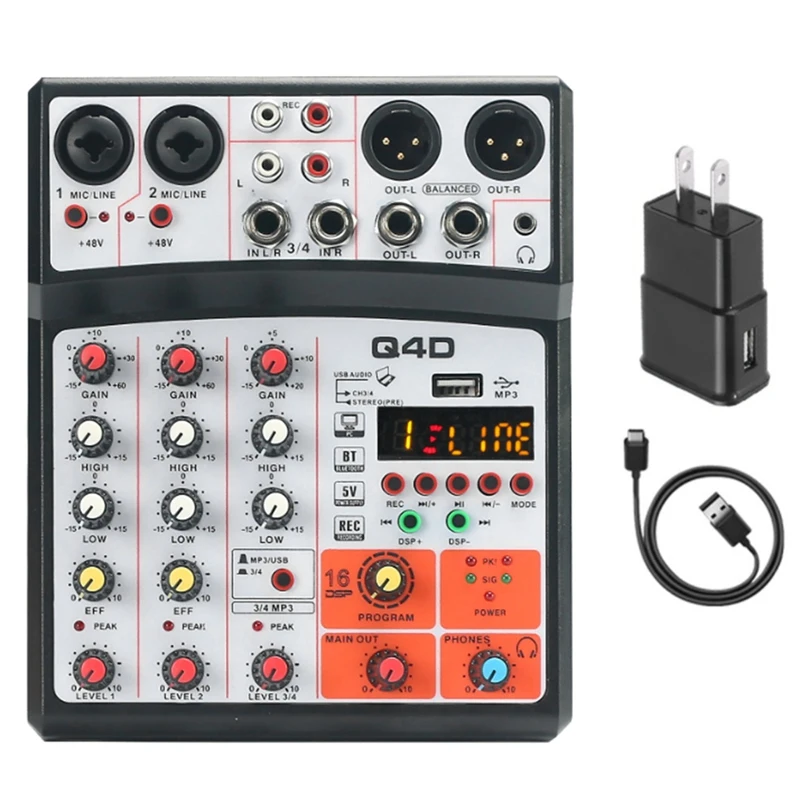

4 Channels Audio Sound Mixer Mixing DJ Console USB with 48V Phantom Power 16 DSP Effects (EU Plug)