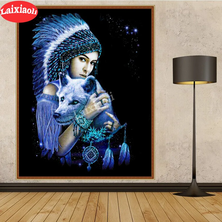 

Алмазная вышивка Тотем из индейской красоты с волком, полноразмерная квадратная круглая алмазная живопись 5d, Алмазная мозаика «сделай сам»...