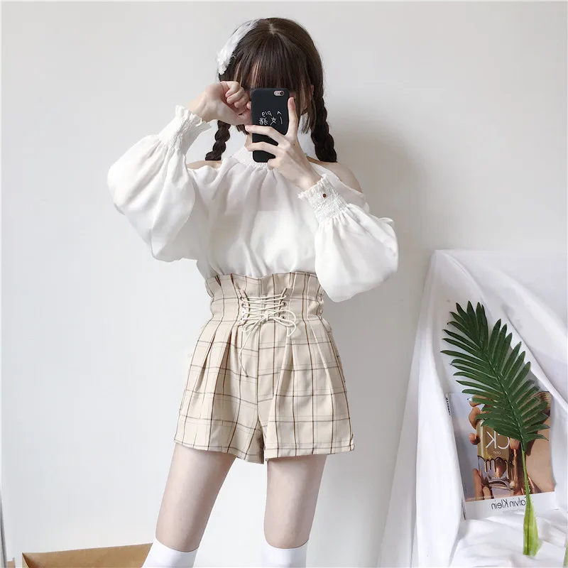 Blusas mujer de moda mori/весенне-летняя однотонная блузка в японском стиле со стоячим воротником без бретелек с длинными рукавами белого и черного цвета