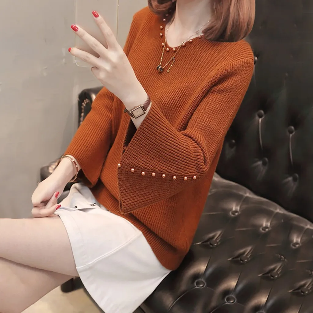 

Vogue Classic Style Womens Sexy O Neck Solid Color Bell Sleeve Sweaters Female Long Sleeve Jumper Sweaters Blouse Tops