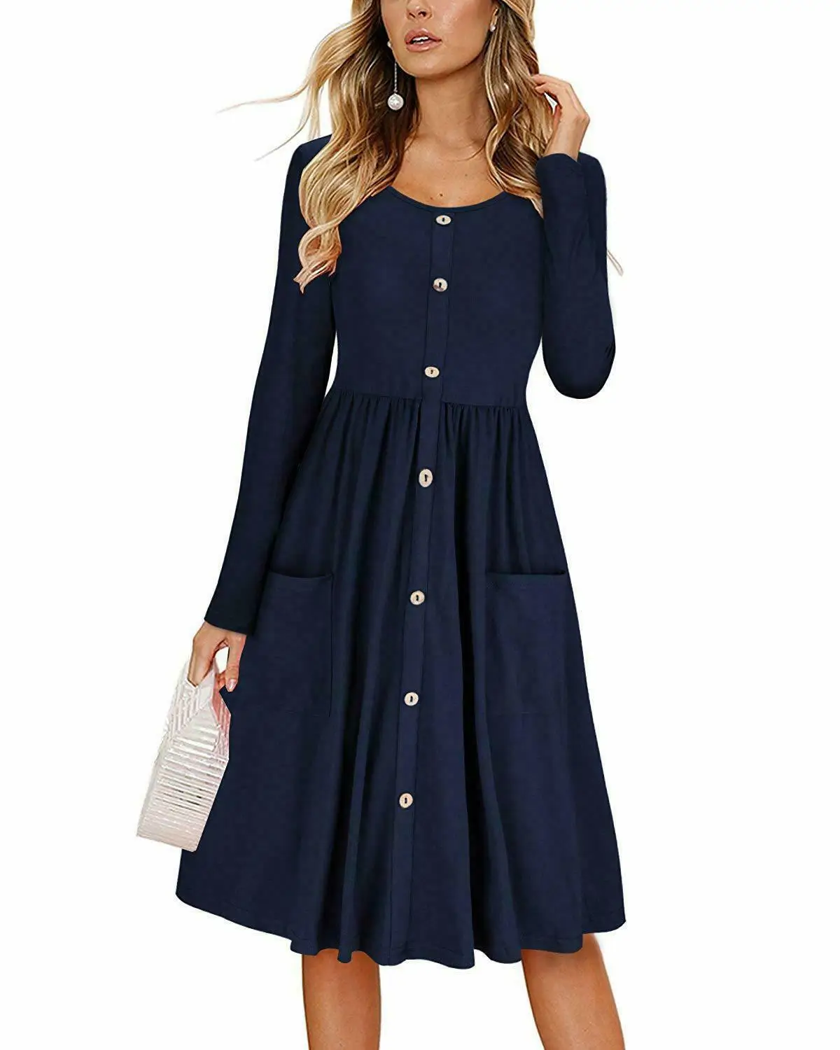 

COLDKER ladis casual dress round neck long sleeves dress female mid-calf solid loose style for women plus size clothing