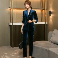 women pants suits office pleuche suits two piece pantsuits elegant blazer female set casual pencil pants jacket work clothes