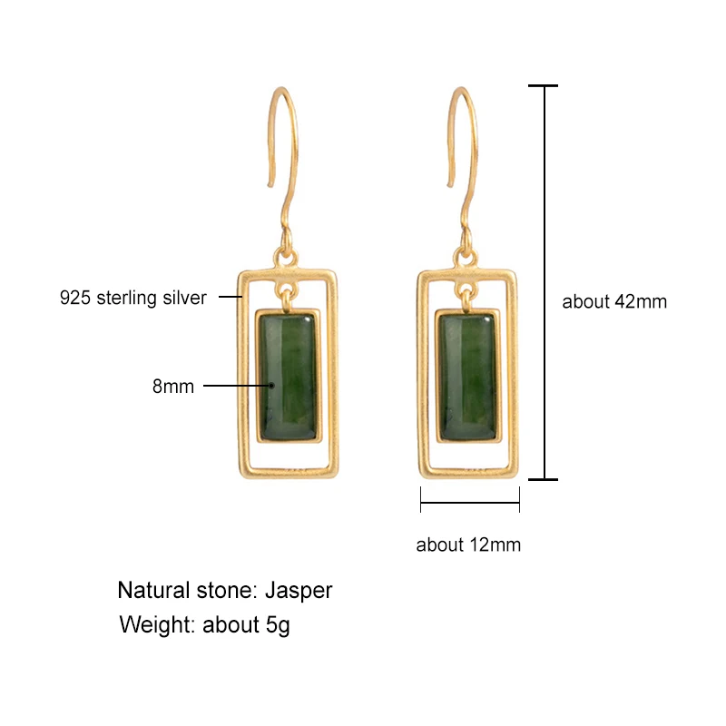 

Silver 925 Jewelry Rectangle Drop Earrings For Women Party Golden Earrings Natural Stone Jasper Luxury Earrings Fine Jewelry
