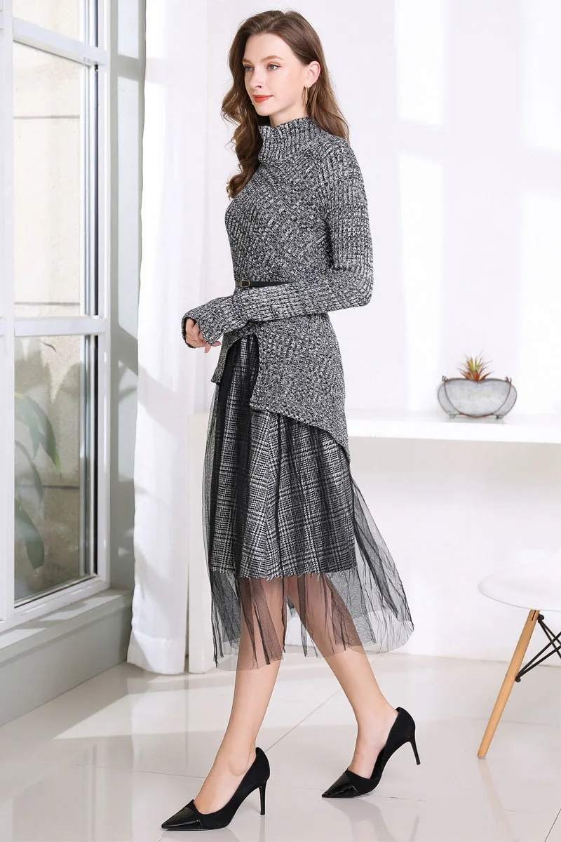 

2019 Autumn New Fashion Sweater Gauze Skirt Suits Two Piece Sets Women Elegant Long Sleeve Turtleneck Knit Top + Long Skirt Set