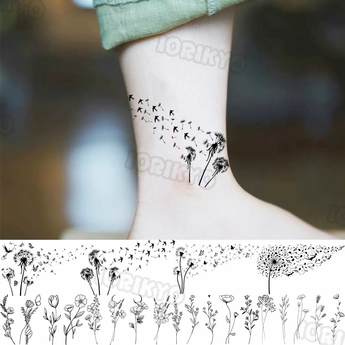 Minimalist Dandelion Temporary Tattoos For Women Girls Thorns, Lilies, Chrysanthemums, Fake Tattoo Stickers Leg Arm Tatoos Charm