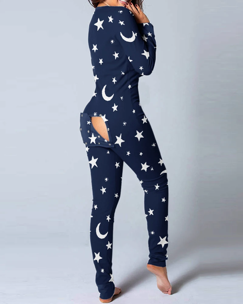 2020 Women Fashion Elegant Casual Star Moon Print Functional Buttoned Flap Adults Pajamas