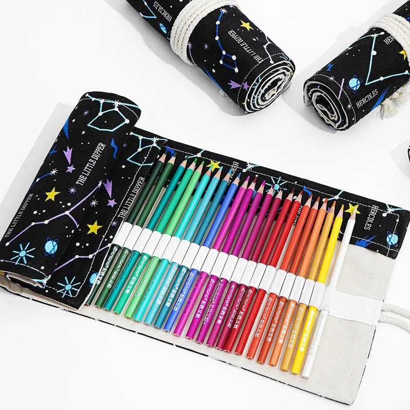 

Starry sky cotton 24 36 48 72 holes large capacity Roll-up pencil bag boys and girls pencil case for colored pencils