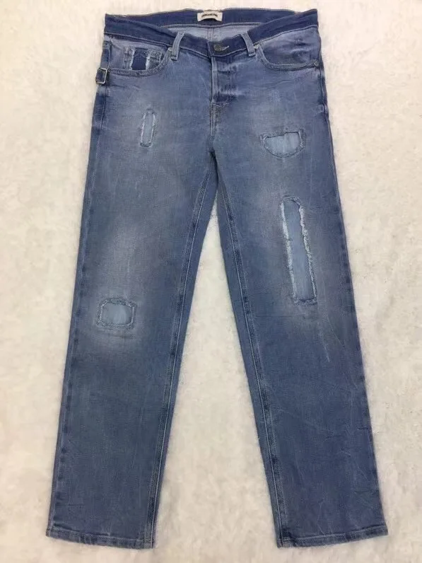 

Women Jeans Washing Hole Patch Ankle-Length Denim Pants with Pockets