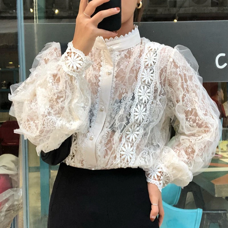 Винтаж перспектива со стоячим воротником Блузы с кружевной строчкой жемчуг