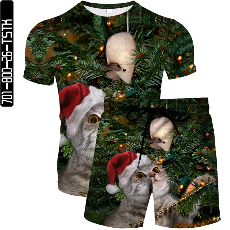 

2021 summer 3D printed animal T-shirt men and women fashion 3D T-shirt short sleeves + shorts hip-hop cute cat T-shirt 2 sets
