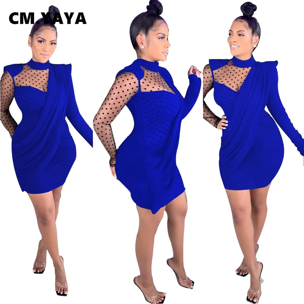 CM.YAYA Women Autumn Mesh See Though Bodycon Midi Dress Long Sleeve Pencil Bandage Drapped Sexy Party Night Club Dresses | Женская