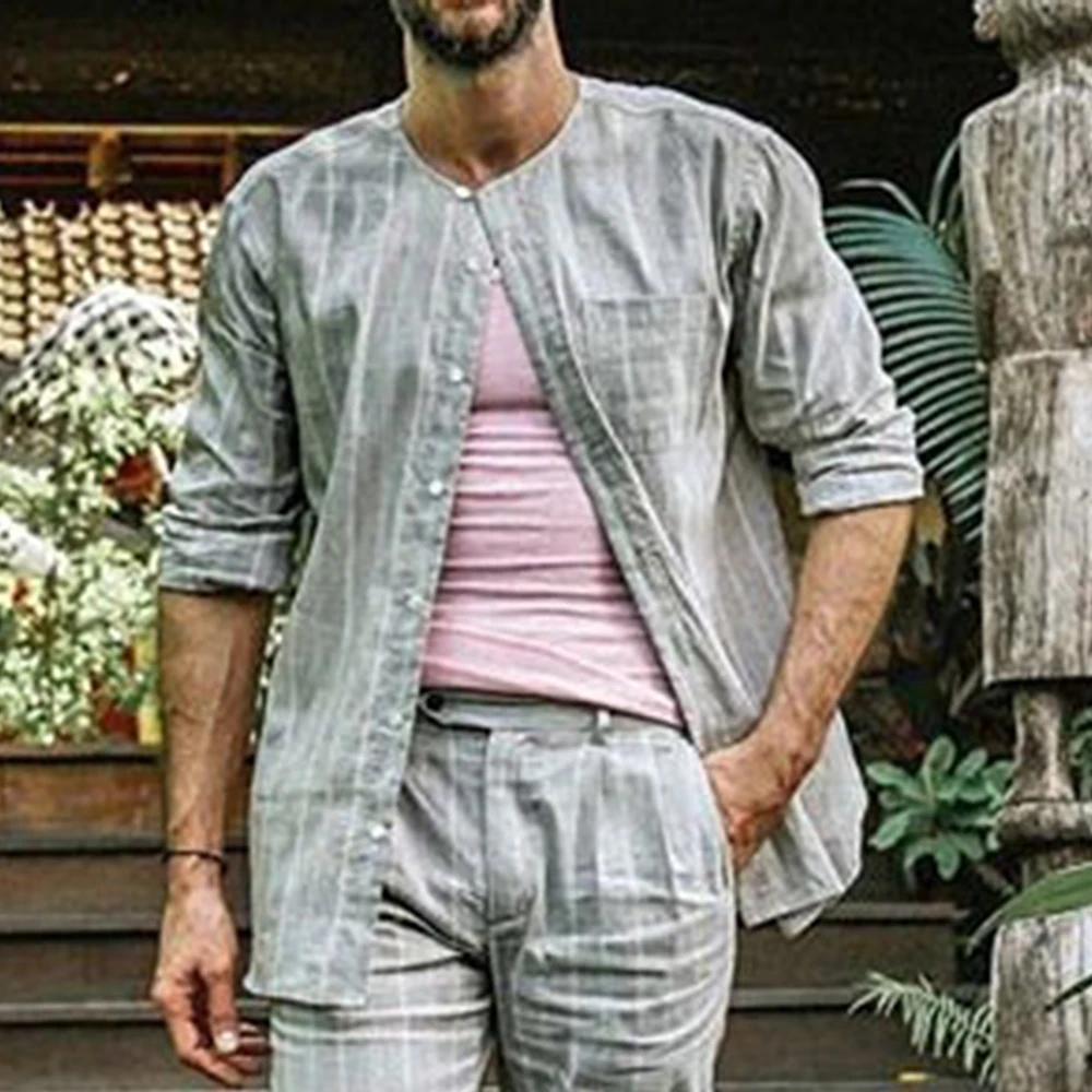 

2021 Fashion Stripe OL Button Round Neck Straight Men's Shirt Long Sleeve Single-Breasted Button Mid-Length Spring Summer Fall