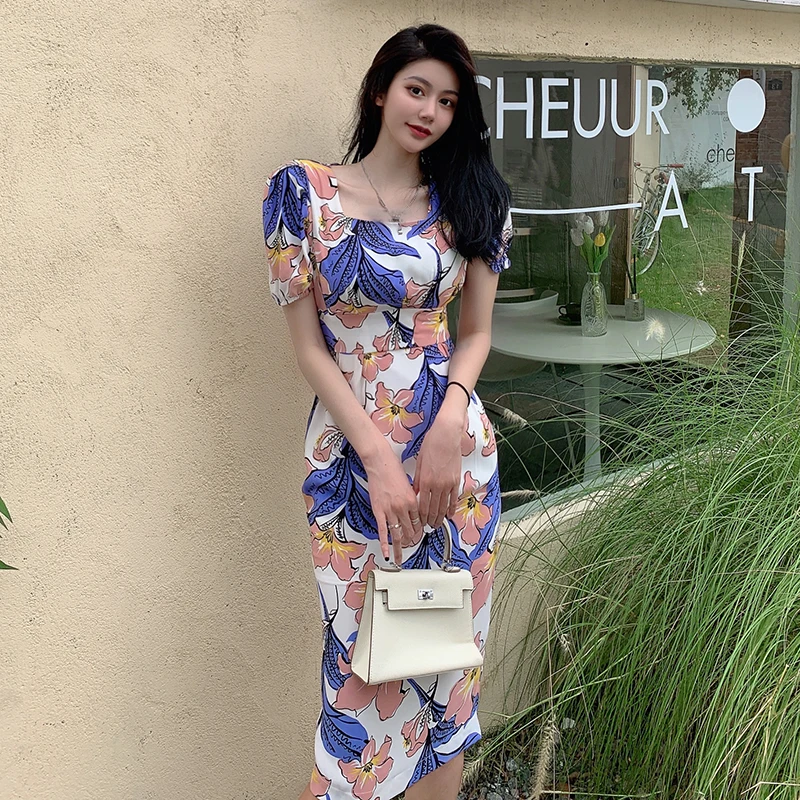 

Vintage Floral Pattern Dress Summer Elegant Knee Length Pencil Dresses Slim Short Sleeve Vestidos YOU627