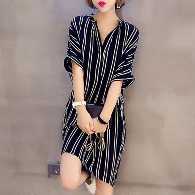 

Women Summer Dress Loose Striped Dress V Neck Fashion Short Sleeve Print Stripe Beach Dresses Plus Size Vestidos Femme
