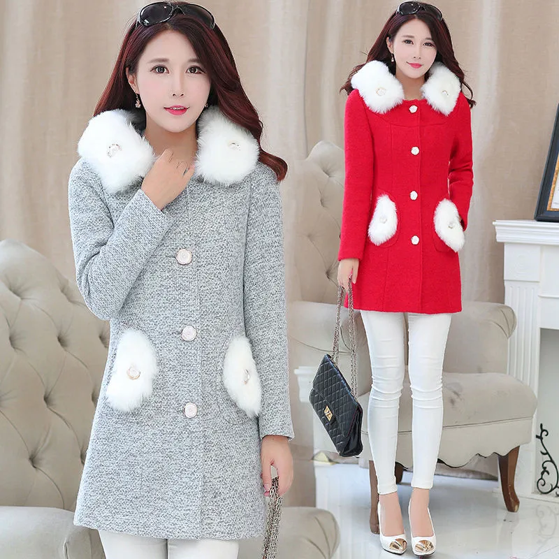 

Women Woolen Overcoat 2020 New Women's Winter Coat Female Fashion Woolen Jacket Hooded Fur Collar Woolen Jackets B608