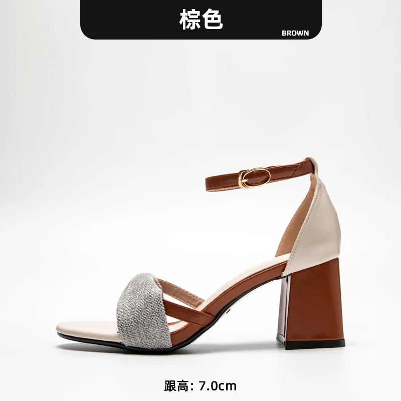 

2021 summer new women's high-heeled sandals female round head thick with a word buckle