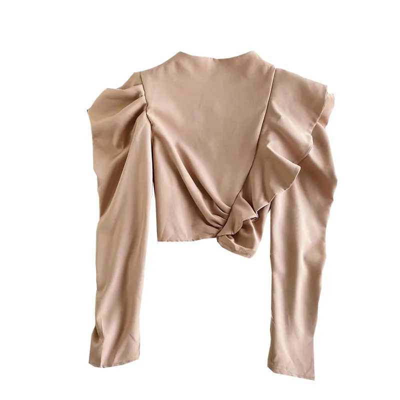 

Autumn New Retro Shirt Women's Bubble Sleeve Zipper Stand-up Collar Temperament Ruffled Slim Short Top Long Sleeves UK450