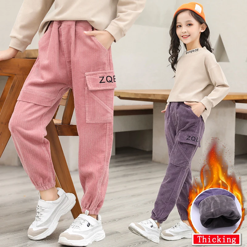 

Winter Warm Sweatpants for Big Girls Casual Pants Plus Velvet Thickening Cotton Leggings for Kids Corduroy Cargo Pants