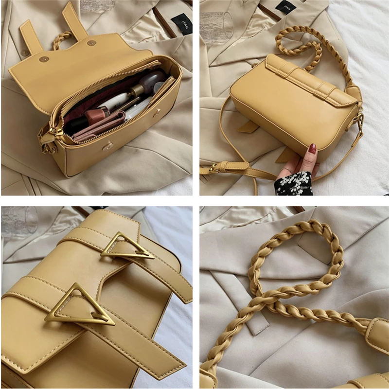 

Fancy Solid Braided Strap Small Shoulder Bags For Women Unique Design Triangle Buckle Satchel Flap High Quality Crossbody Bags