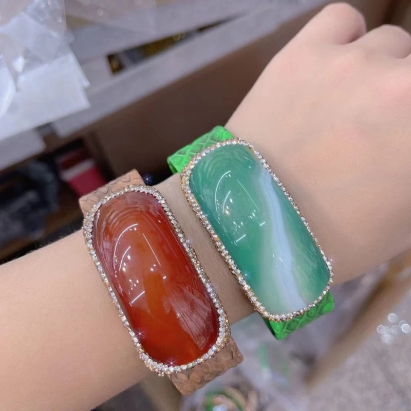 Модный женский широкий кожаный браслет для девочек из агата ювелирные изделия