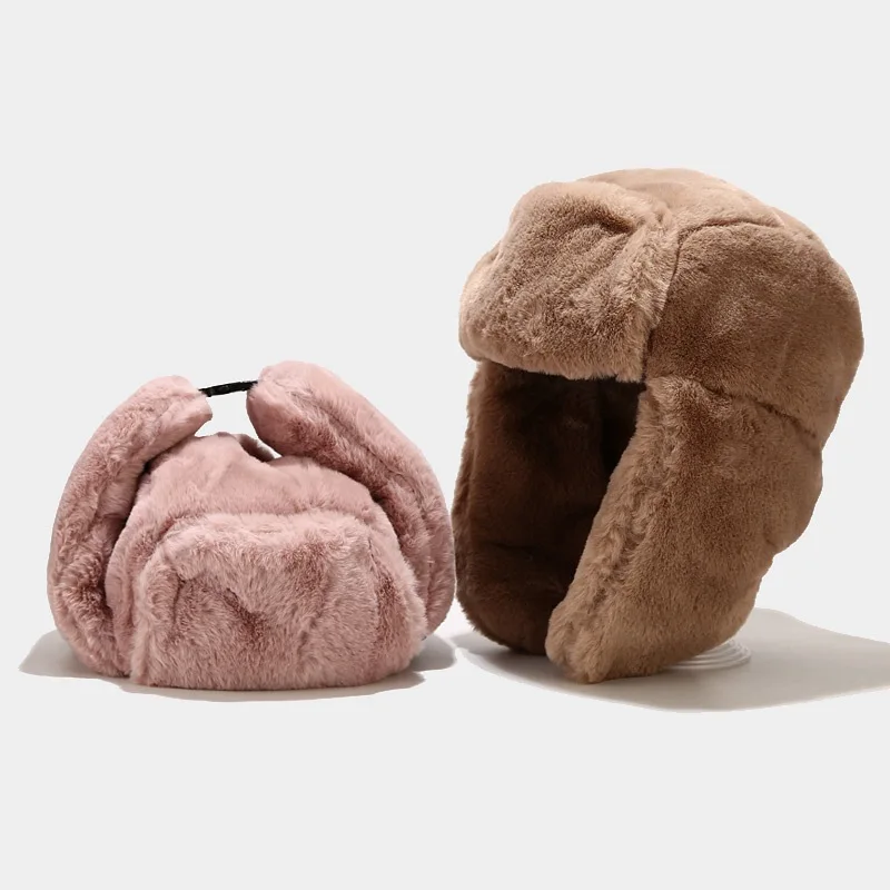NEW Warm Faux Rabbit Fur Hats Women Winter Bomber Hat With Ear Flap Ski Cap Men Pilot Trapper Trooper Hat Outdoor Bomber Muts men's bomber hats