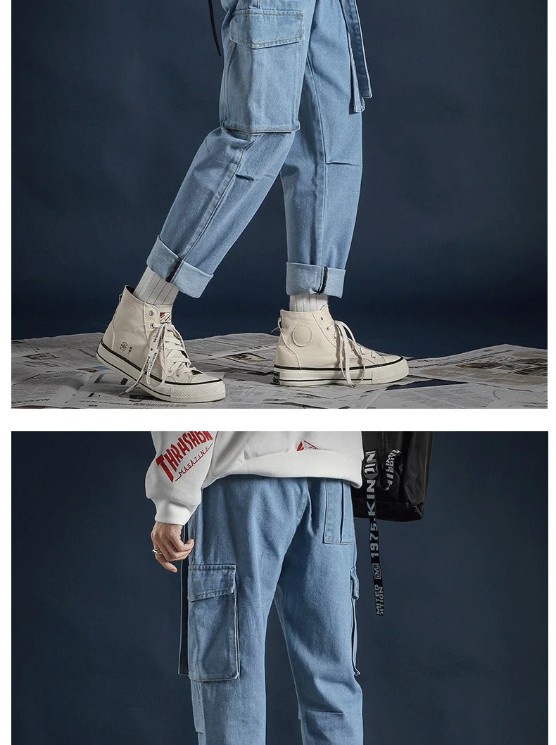 LAPPSTER корейские модные уличные джинсы брюки ленты Harajuku мешковатые джинсы пара высокого качества карманы джинсовые синие брюки