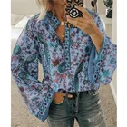 Женская Туника хиппи, рубашка, Осенний Повседневный Топ, элегантный женский топ в стиле бохо с длинным рукавом, свободные рубашки с v-образным вырезом и цветочным рисунком, топы