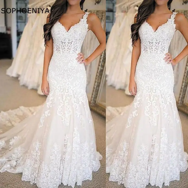 

Новое поступление, кружевное свадебное платье с v-образным вырезом, Vestidos de novia, свадебное платье русалки, свадебное платье размера плюс, свад...