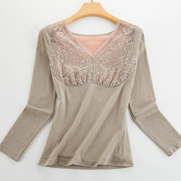 

Women 2021 Autumn Winter Thermal Underwear Long Sleeve Basic Layer Pullovers Velvet Lined Tops Lace V-Neck Slim Warm Tops A388