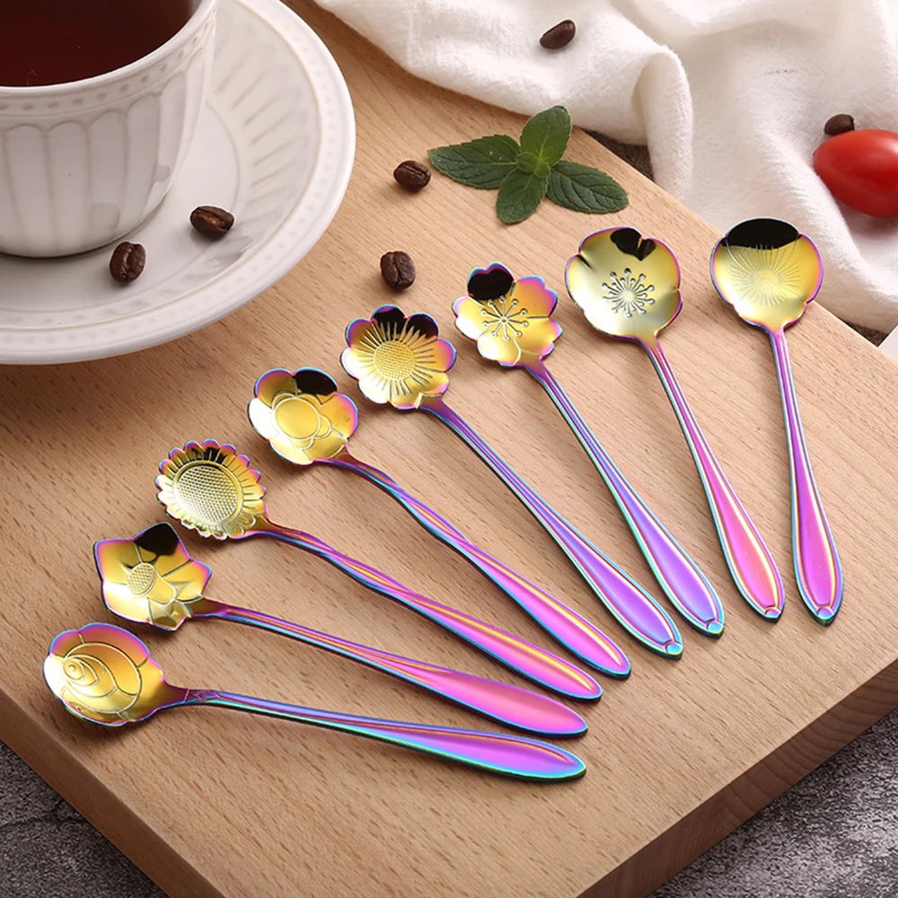 

8 Pcs Tea Coffee Mixing Spoon Gold Spoon Long Handle Dessert Stainless Steel Vintage Teaspoons Drink Tableware Flowers Design