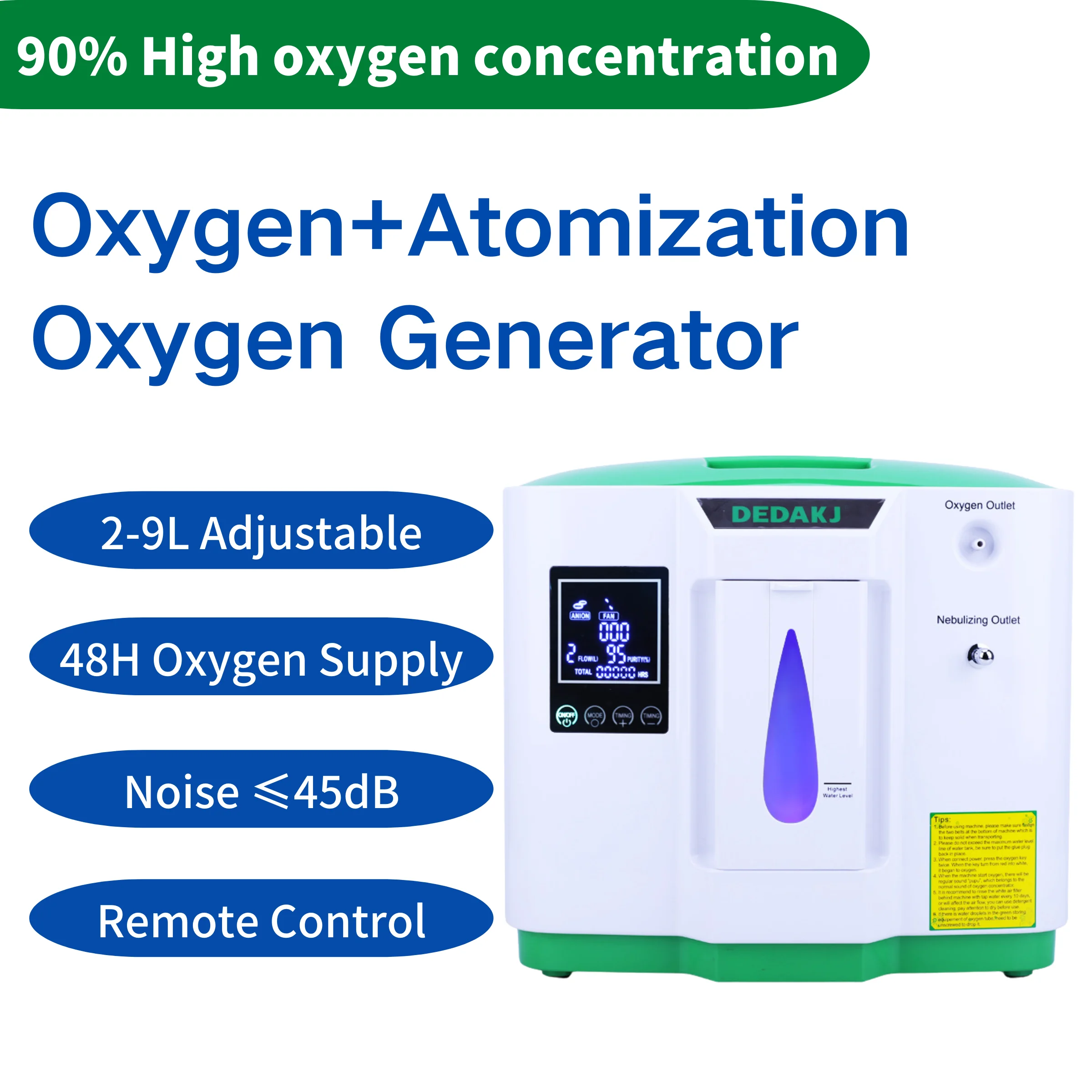 

110V/220V DEDAKJ 2L-9L DE-2AW Oxygen Generator Adjusted High Concentration Home Oxygen Concentrator Air Purifer Atomized Version